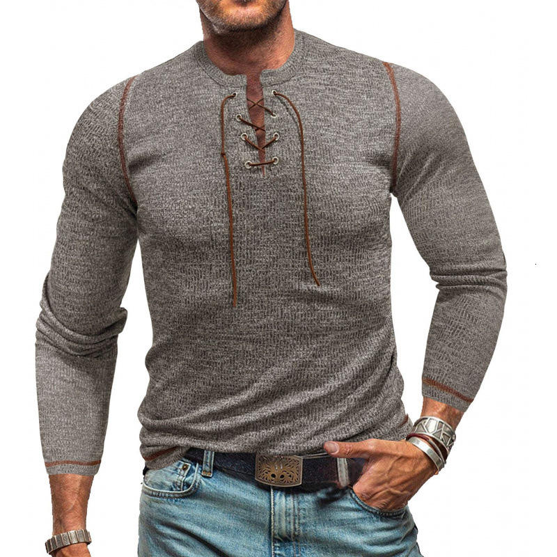 2025 mens long sleeved lace up Henley shirt mens T-shirt outdoor sports trend top men