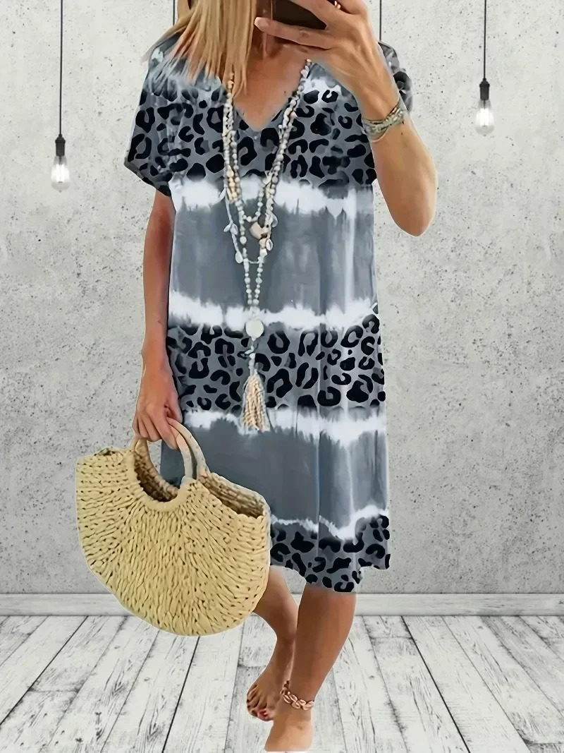 Womens fashionable casual dress short sleeved tie dye leopard Vneck mini elastic 250414Z