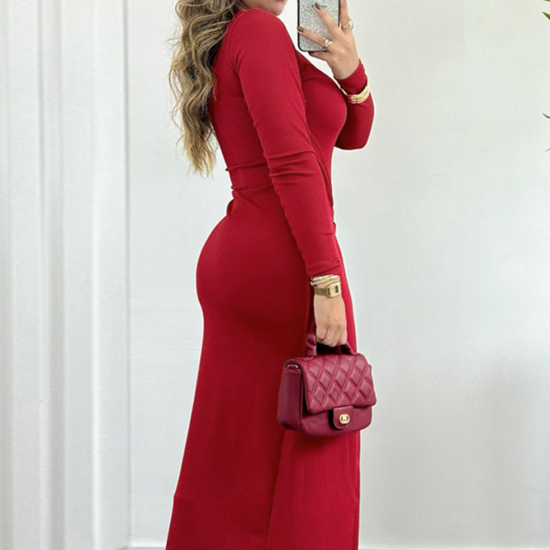 Urban Sexy Dresses Women's Burgundy Ribbed Bodycon Midi Dress - Long Sleeve Round Neck Twist Front Split Dress, Elegant Evening Party & Date Nigh