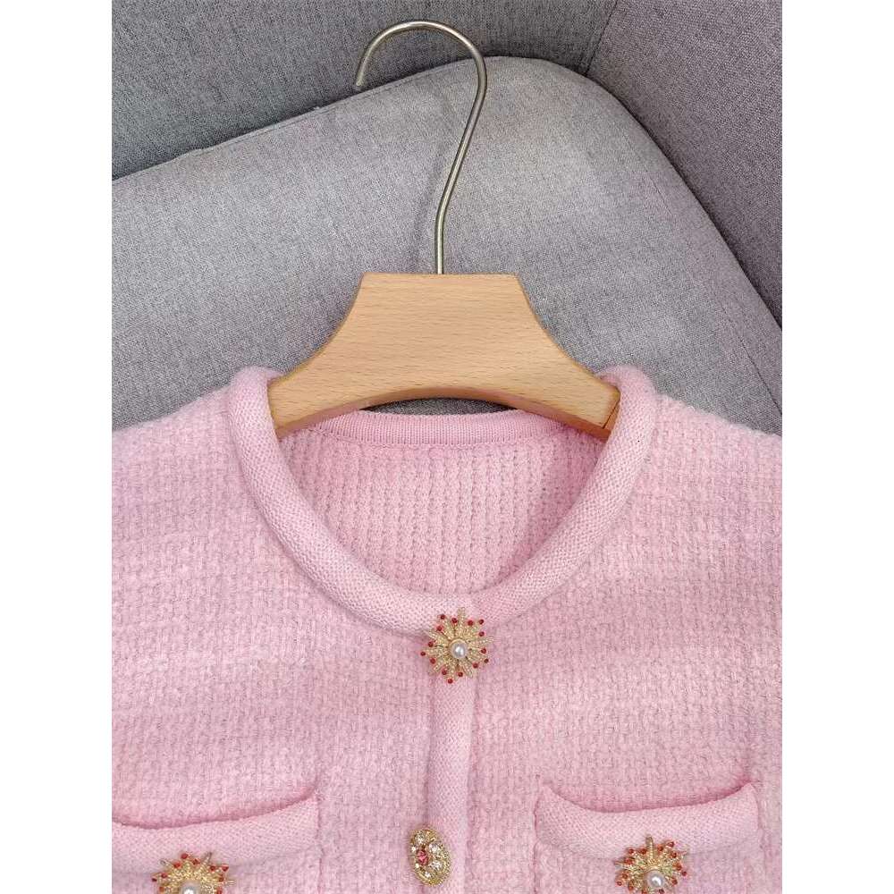 High Quality Fashion Pink Knitted Set Women Elegant Short Sleeve Cardigan Tops Or Temperament Slim Mini Skirt Ladies