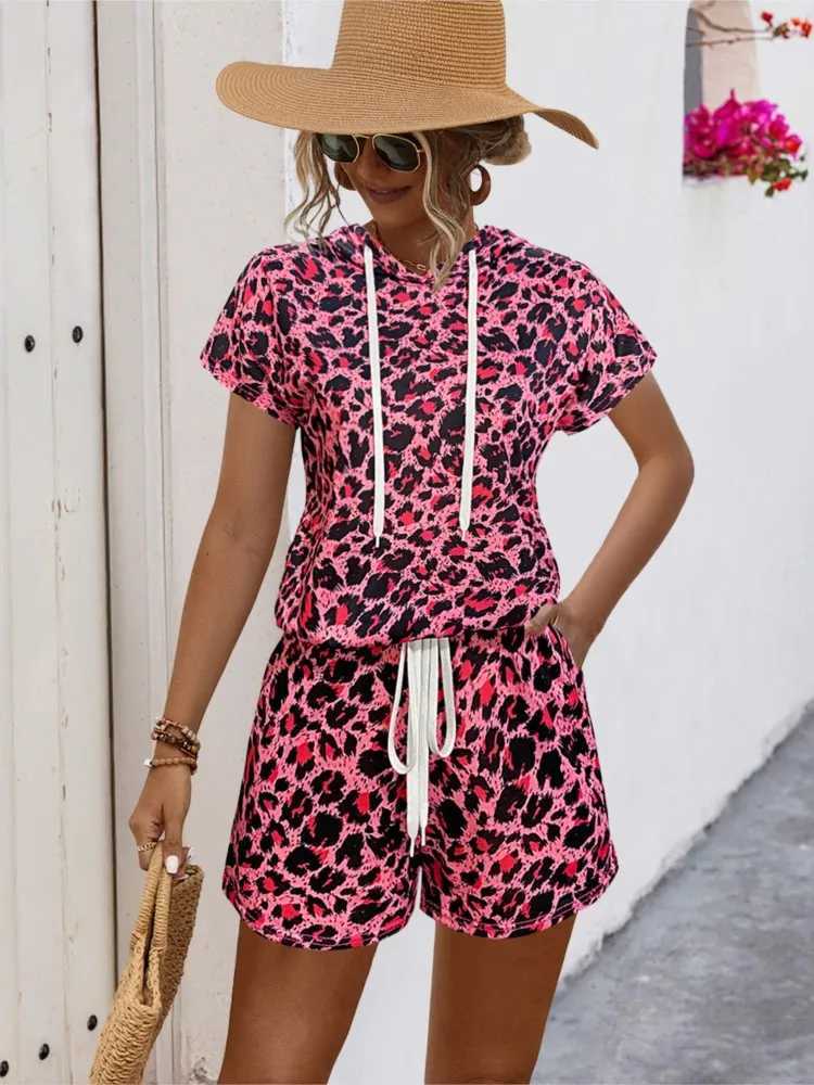 Summer leopard print top 2-piece set womens fashionable casual lace short shirt 2-piece set new Fe holiday setXJ250414