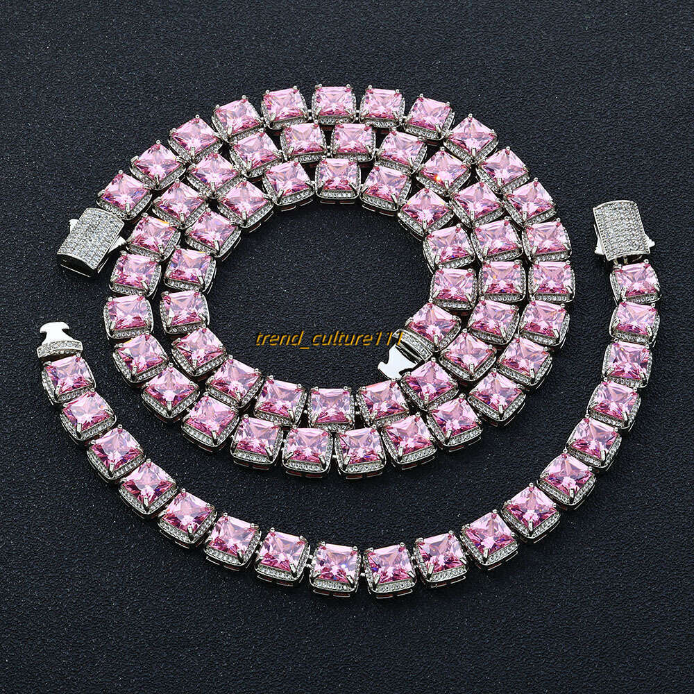Hip hop 10mm square pink Moissanite rock sugar necklace, accessories, high-end men's necklace