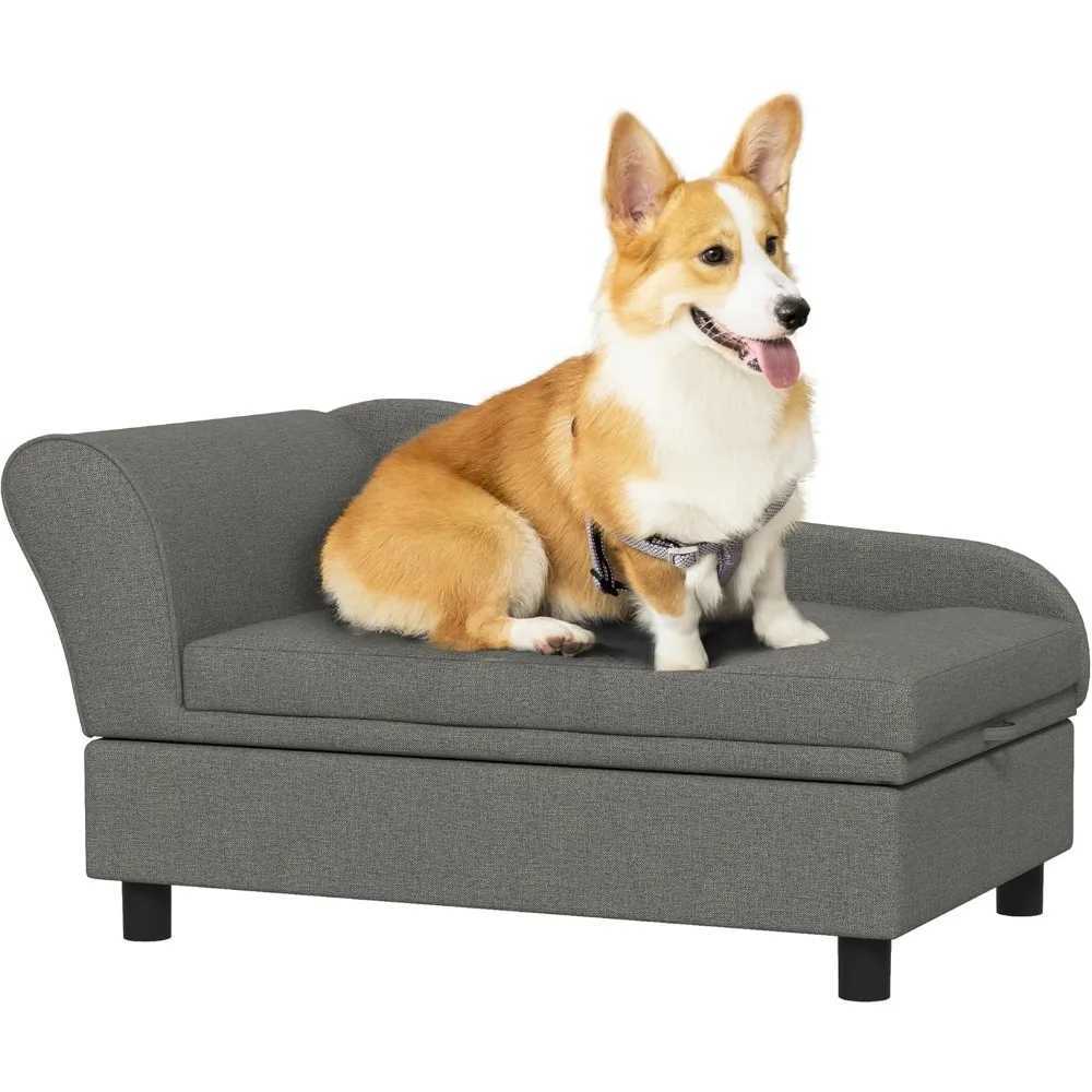 Pet sofa dog sofa elevated pet bed for small dogs with hidden storage soft plush pad gray X250412