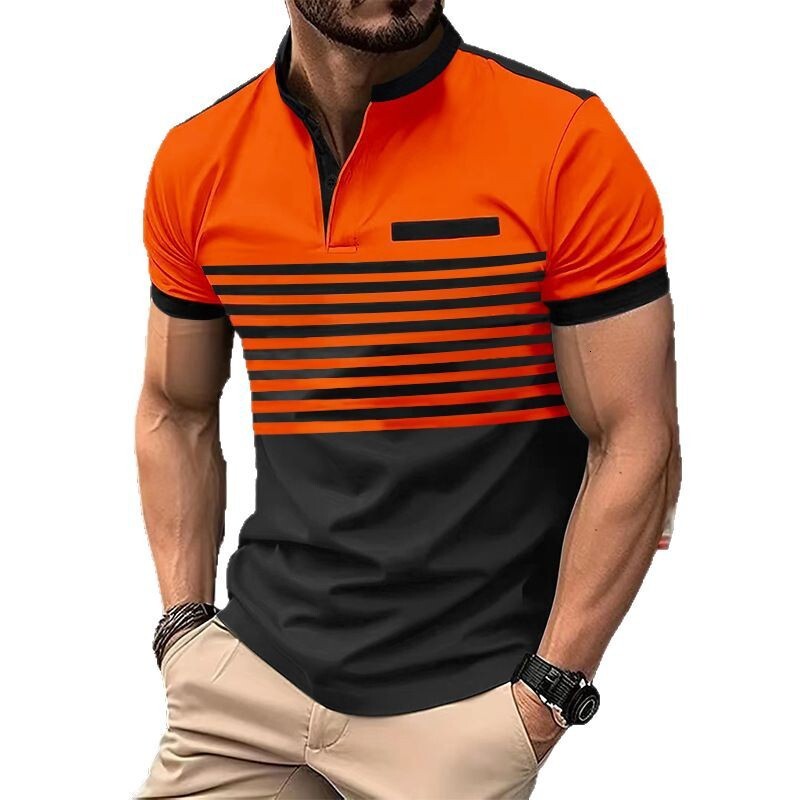 New contrasting striped short sleeved men's casual POLO shirt V-neck button top for men
