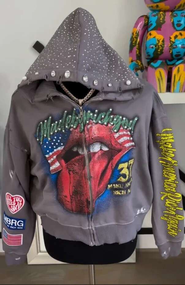 America Vintage Rhie Embroidery Pearls Trim Zipper Hoodie Y2k Gothic Pattern Print Loose Sweatshirt Men Clother Streetwear