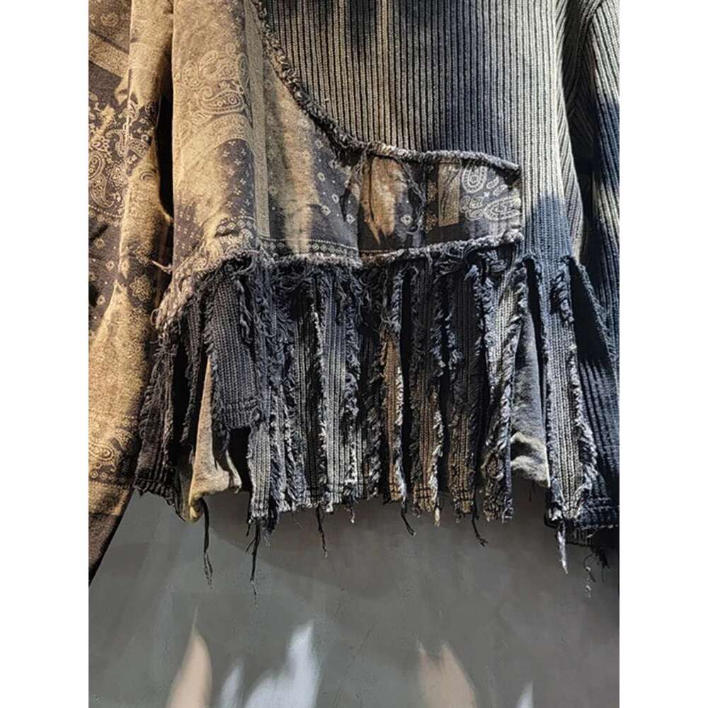 DEAT Women Pullover Knitted Distressed Tie-Dye Printed Black Vintage Tassel Long Sleeve Sweater Spring 2025 New Fashion 11A0969