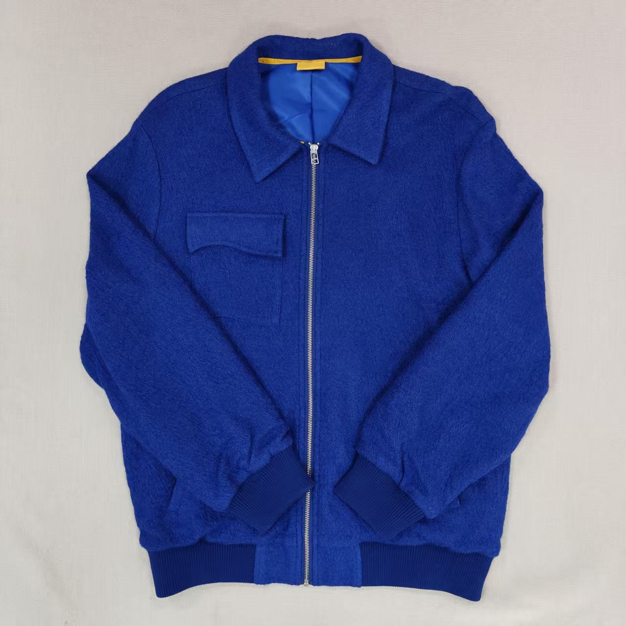 Men's Blue Tweed Zip-up Jacket with Shirt collar Ribbed cuffs and hem for Casual Streetwear