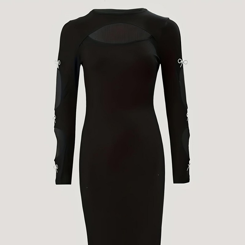 Urban Sexy Dresses Women's Ribbed Bodycon Midi Dress - Long Sleeve Black Cutout Dress with Rhinestone Bow Detail, Slim Fit Evening Party Formal D