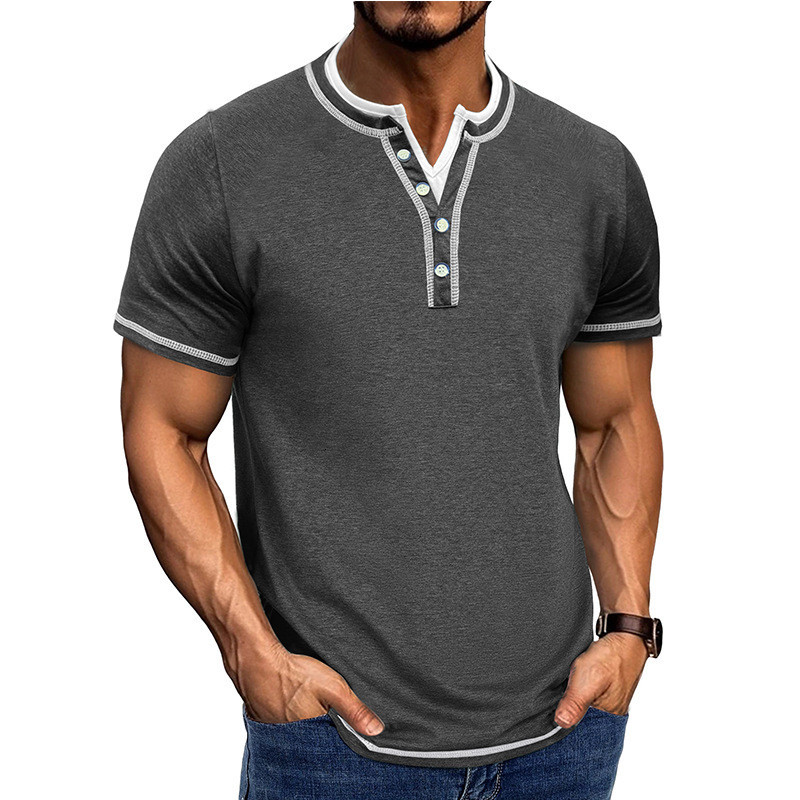 New mens short sleeved color blocked fake two-piece Henry shirt mens V-neck T-shirt
