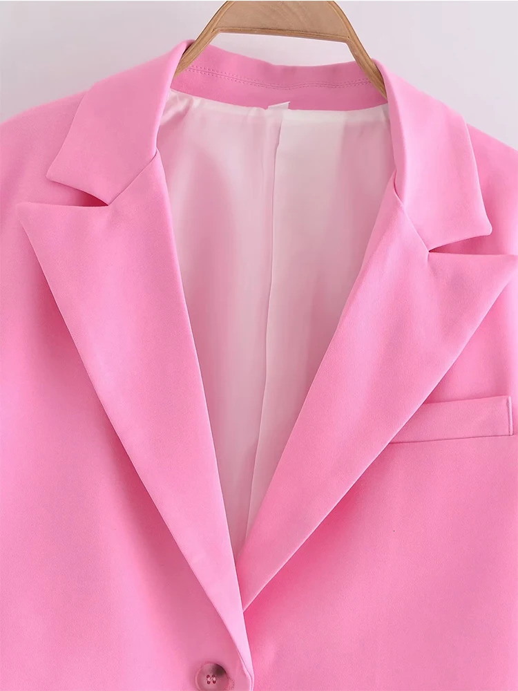 YENKYE 2023 Womens Single Button Pink Crop Jacket Retro Long Sleeve Collar Elegant Office Set 250414Z