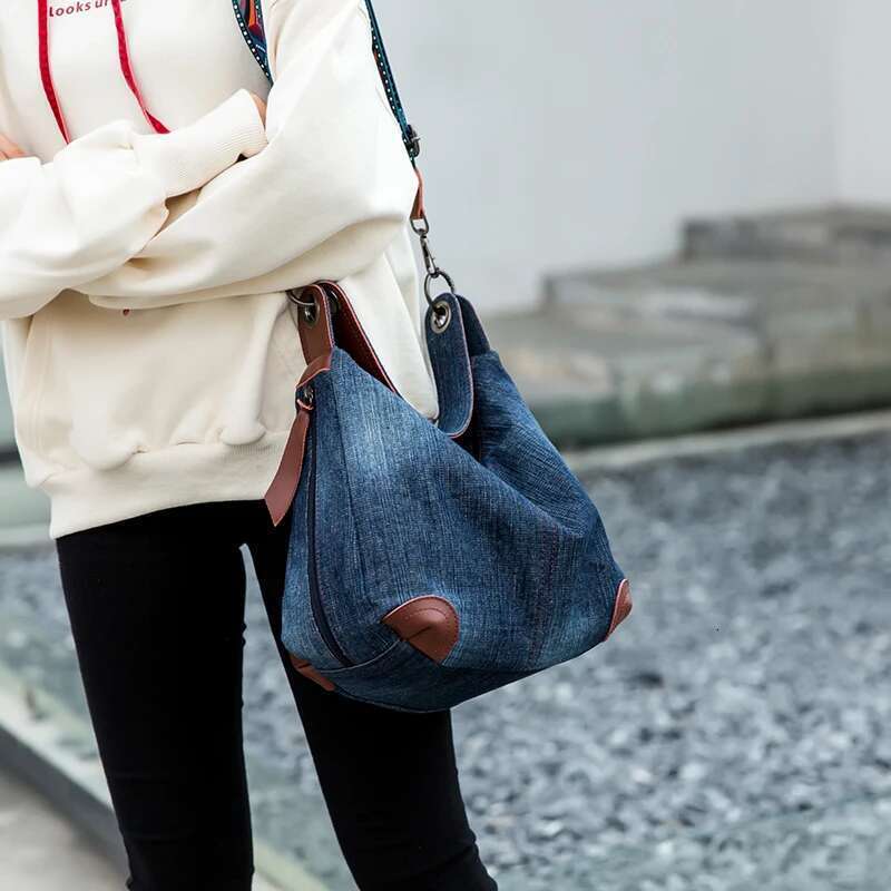 Leather Strap Large Denim Big Shoulder Bag Blue Jeans Handbag Jean Denim Tote Crossbody Ladies