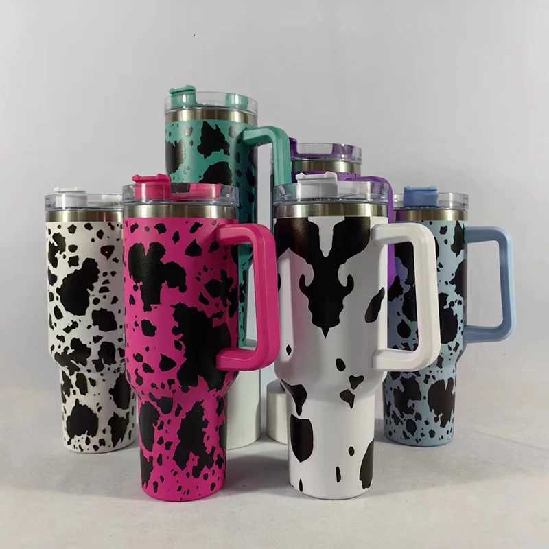 40oz Cow Pattern Thermal Cups with Handle Double Layer Stainl Steel Insulated Water BottleCoffee Cup Travel Portable Car Cups C251114