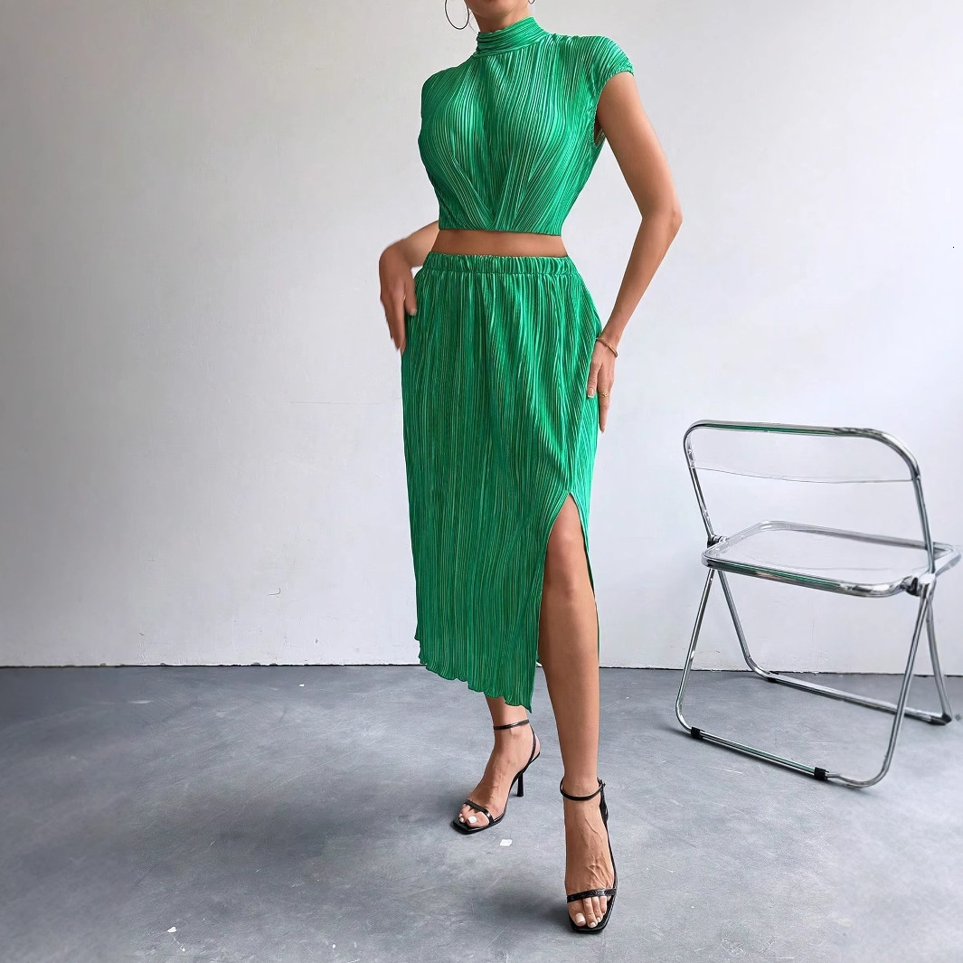 Temperament slit half skirt sleeveless slim fit top two-piece set summer sexy skirt set for women