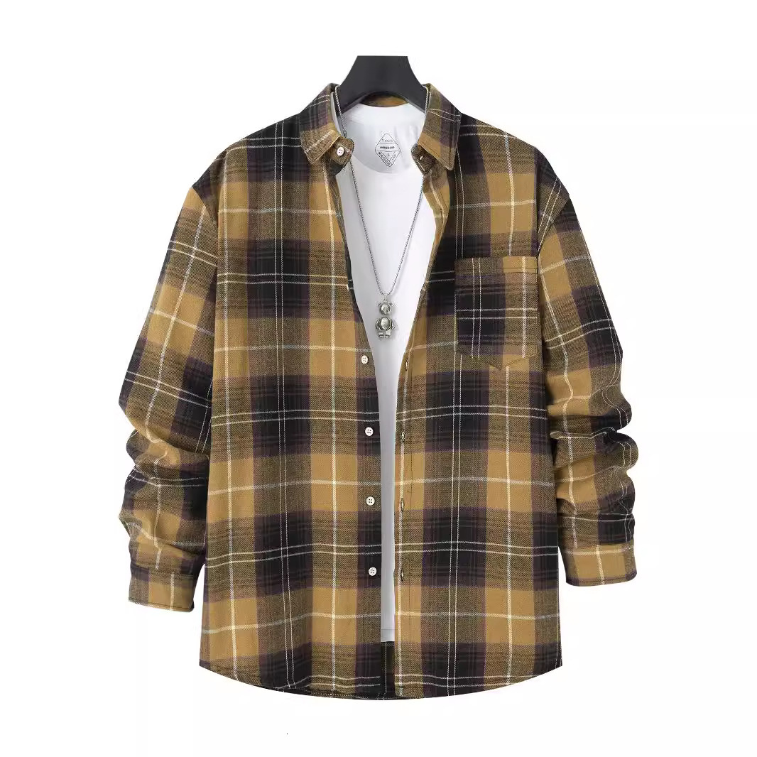 2025 new fashionable men's brushed thin plaid long sleeved light mature casual shirt