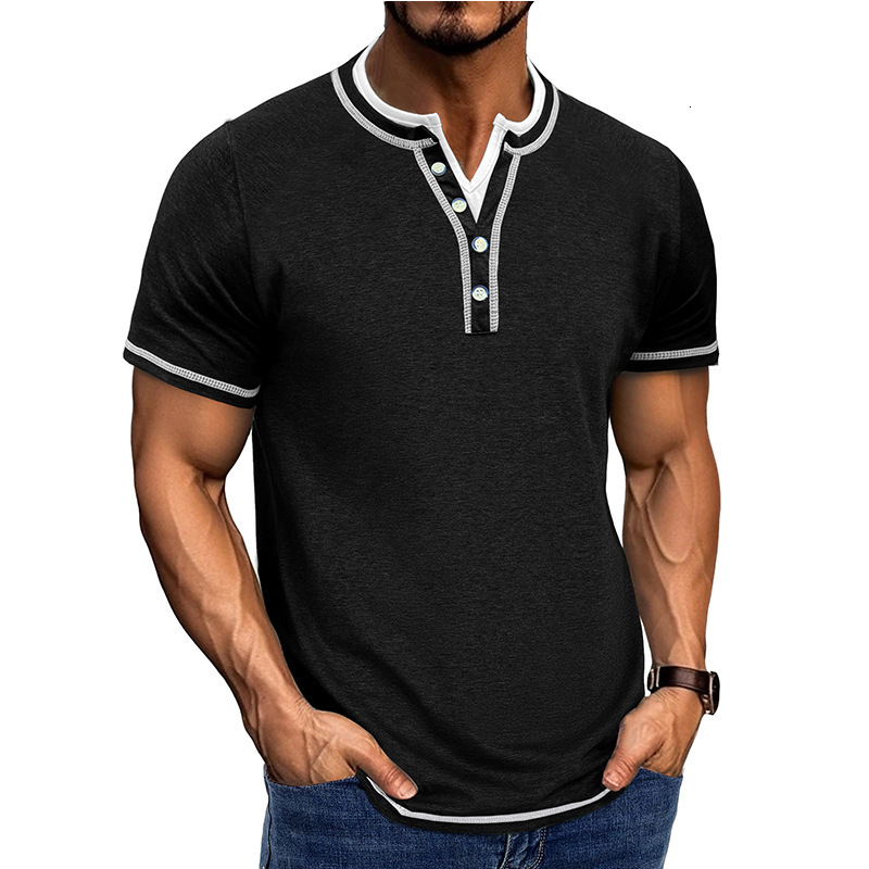 New mens short sleeved color blocked fake two-piece Henry shirt mens V-neck T-shirt