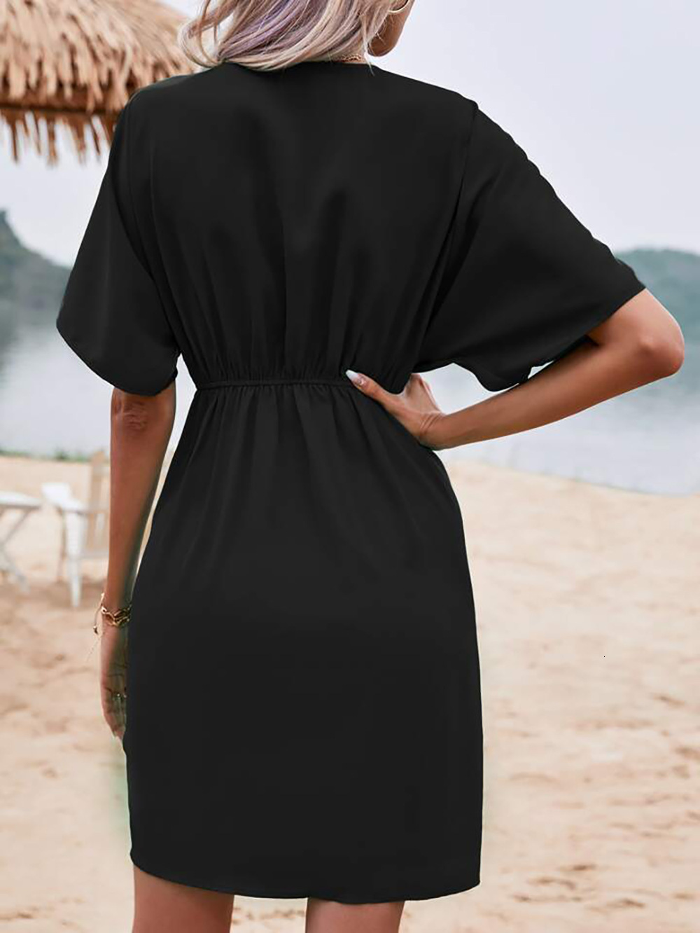 Dress V-neck elegant irregular sleeveless solid color floral bag skirt