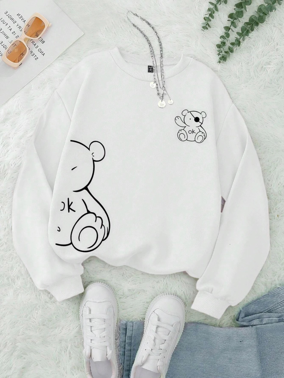 Kawaii OK Teddy Bear Printed Womens Classic Retro Fashion Hoodie Wool Warm Casual Clothing Loose Sweatshirt 250414