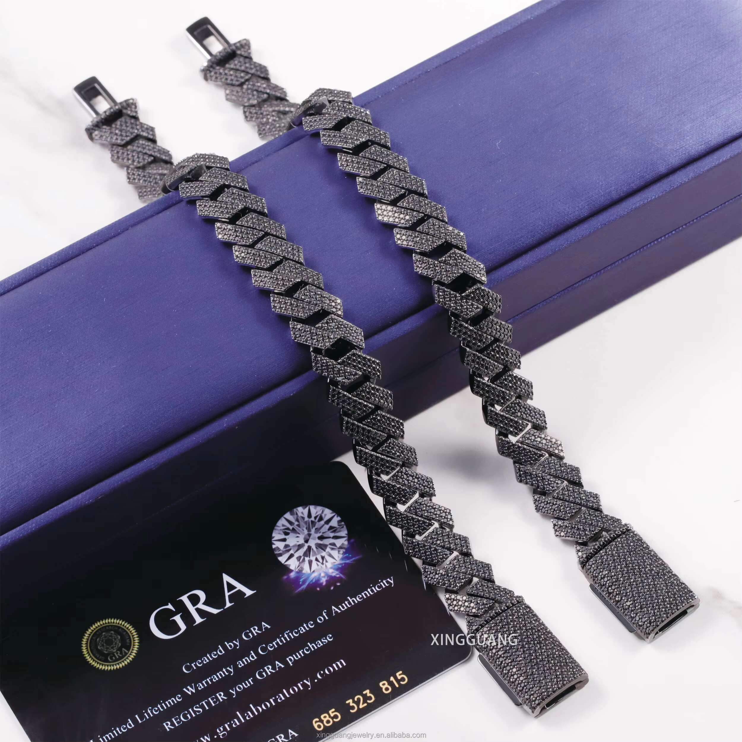 Mystic Black Diamond 15MM 3Rows Black Gold Plated 925 Silver Pass Diamond Test VVS Moissanite Cuban Link Chain Bracelet Jewelry