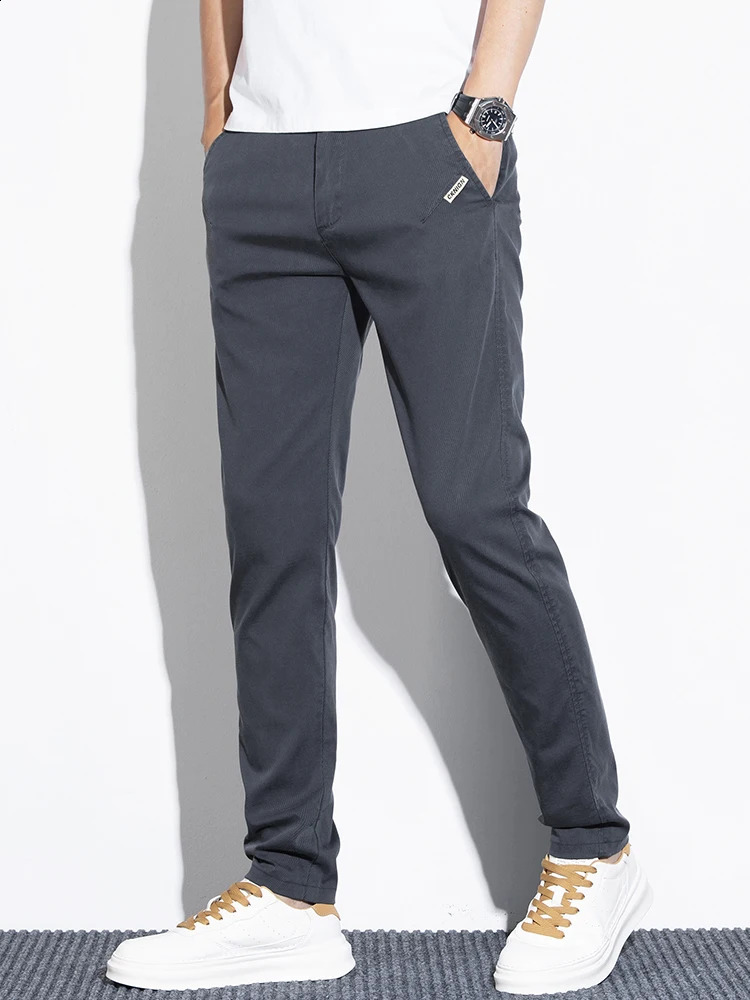Ultra thin mens pants spring summer straight casual pants Lyocell fabric fashionable ultra-thin elastic Korean Trouser solid color item 250410