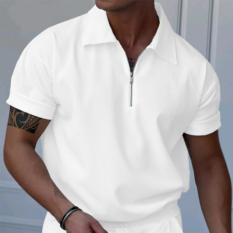 2025 Summer New Corduroy Zipper Polo Shirt Short sleeved T-shirt Men's
