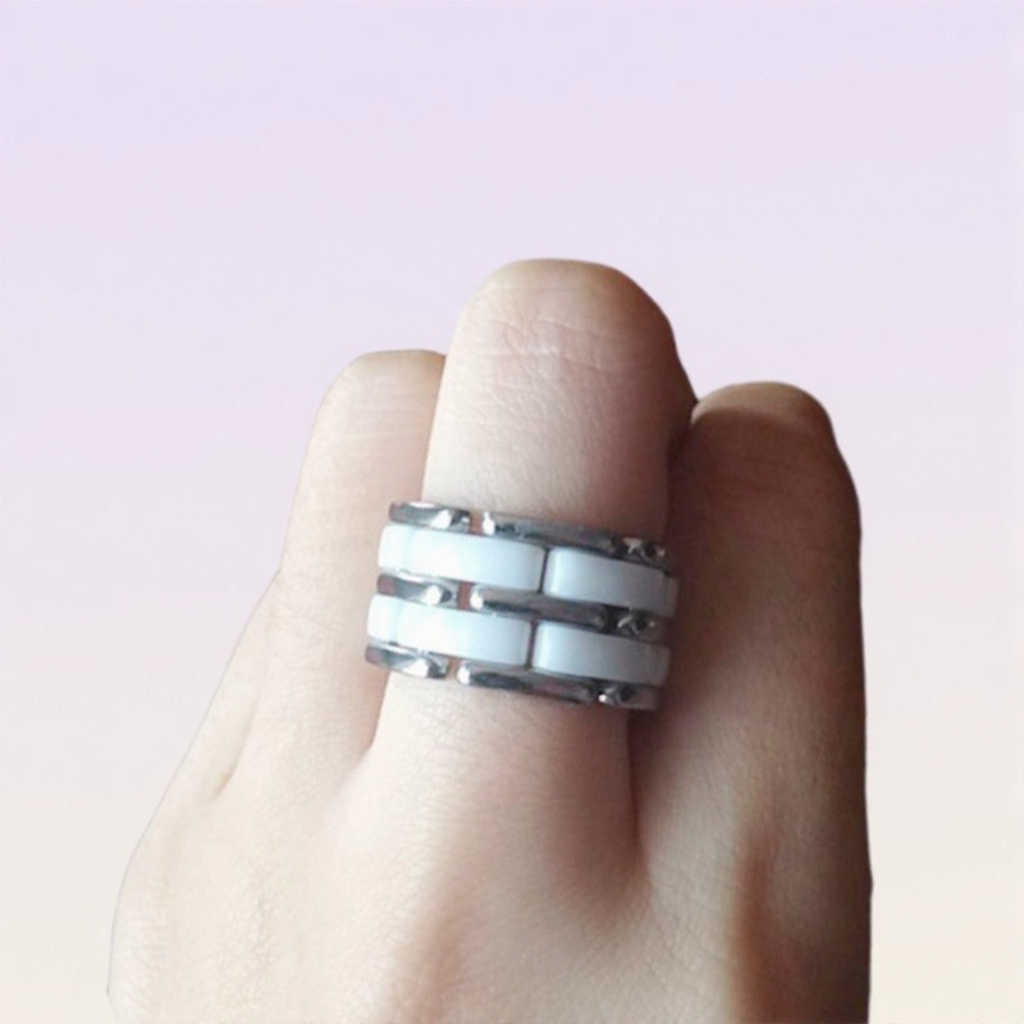 Cluster Rings Top Quality Double Row Black Ceramic Watch Chain Style Ring Stainless Steel Jewelry For Women