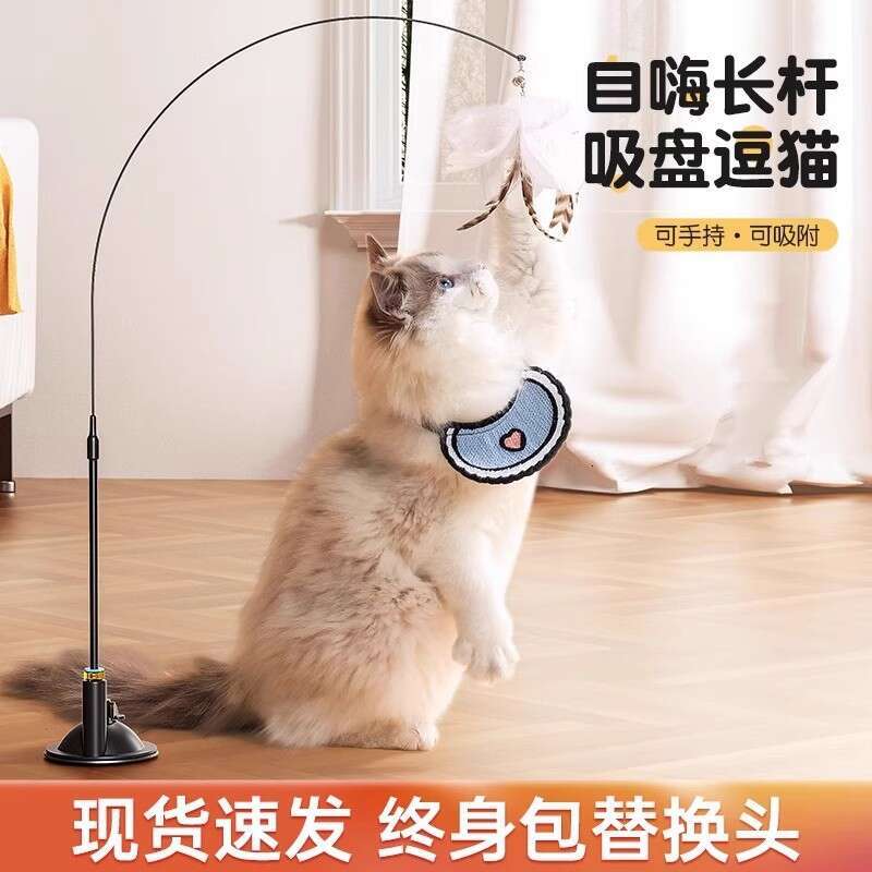 Suction Cup Floor-Suction Teaser Wand Cat Toy Self-Entertainment Base Steel Wire New Durable Feather Replacement Head Bite-Resistant cat toy