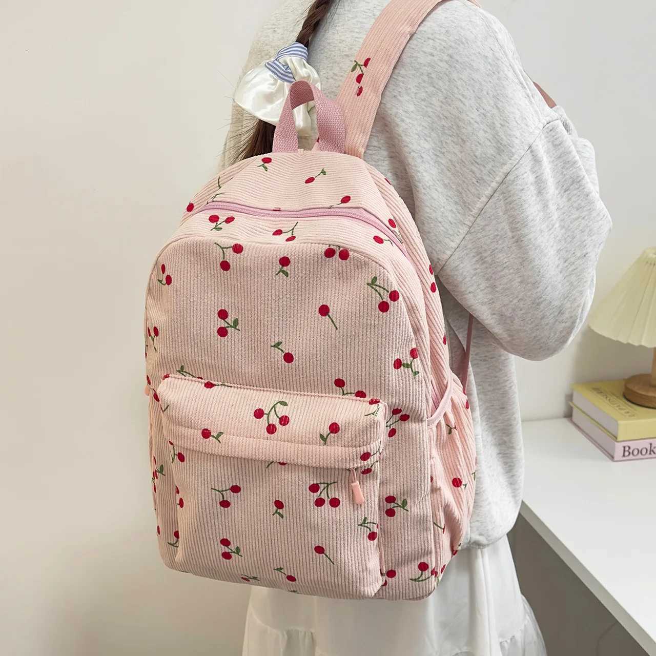 Women Cherry cute Schoolbag girls students backpack large-capacity corduroy backpackW251113