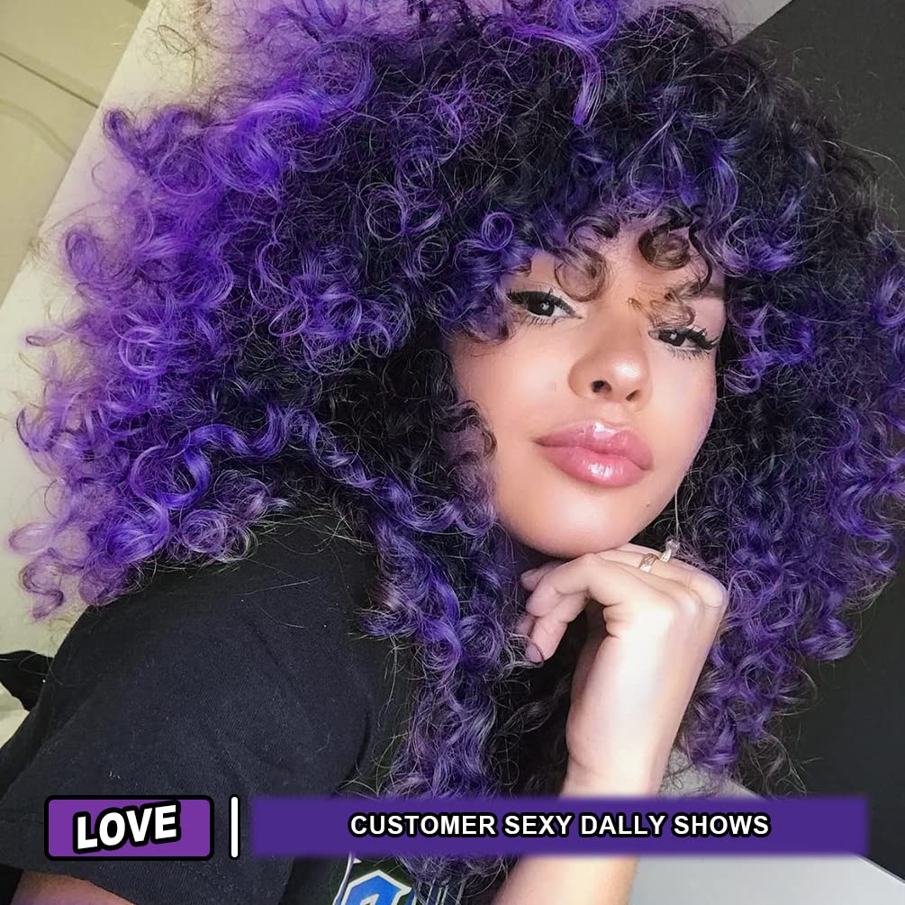 Curly Wigs for Black Women - Afro Curly Wig with Bangs Natural Black Hair Synthetic Heat Resistant Full Wigs with 1 Wig Comb and 4pcs Wig Caps