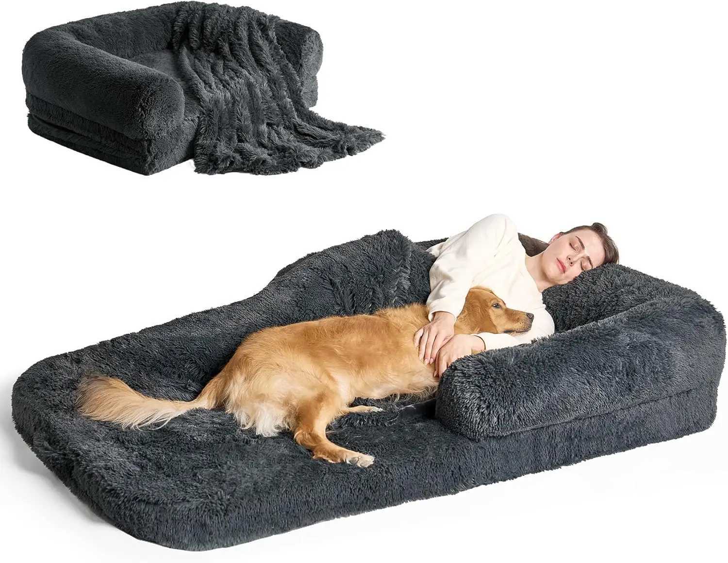 Folding human dog bed orthodontic memory foam human size dog bed waterproof pet bed adult artificial fur pet sofa X250412