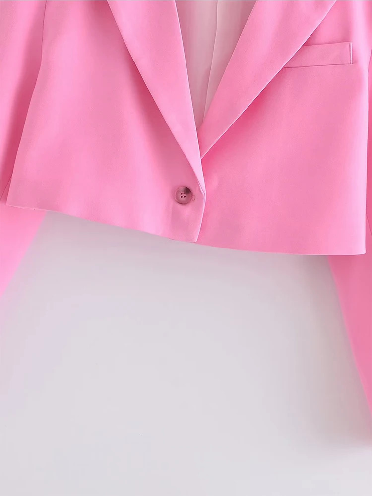 YENKYE 2023 Womens Single Button Pink Crop Jacket Retro Long Sleeve Collar Elegant Office Set 250414Z