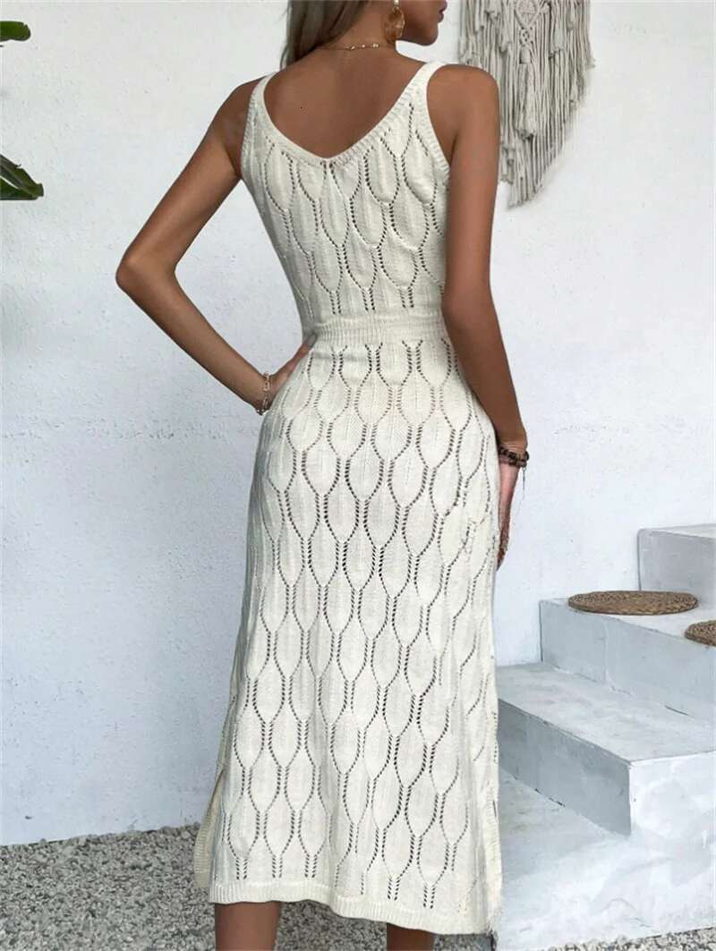 Designer womens dresses maxi dress summer new sexy hollow perspective vacation solid color backless knitted suspender