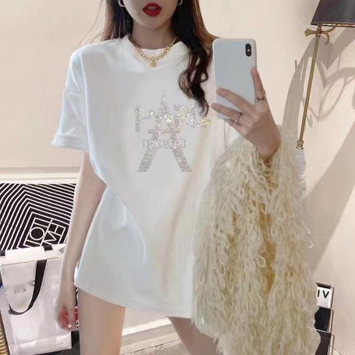 2025 Women's Designer T-shirt, Heavy Industry Hot Rolled Diamond Paris Tower Combed Cotton Short Sleeve T-shirt, White Women's Large Slim Fi
