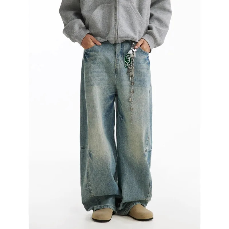 Distressed retro blue jeans mens wide leg Trousers oversized streetwear fashionable casual bag straight 250414