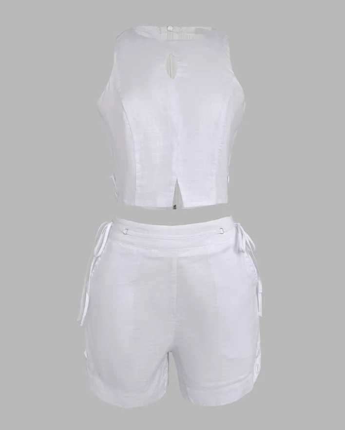 Two piece womens dress 2025 summer new strapless hollow crop can and casual pocket lace camisole shorts setXJ250414