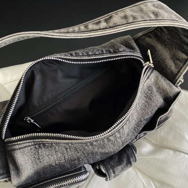 Jamhoo Women Denim Crossbody Casual Large Capacity Shoulder Vintage Messenger Multi-Pockets Zipper Commute Bag Bolsa