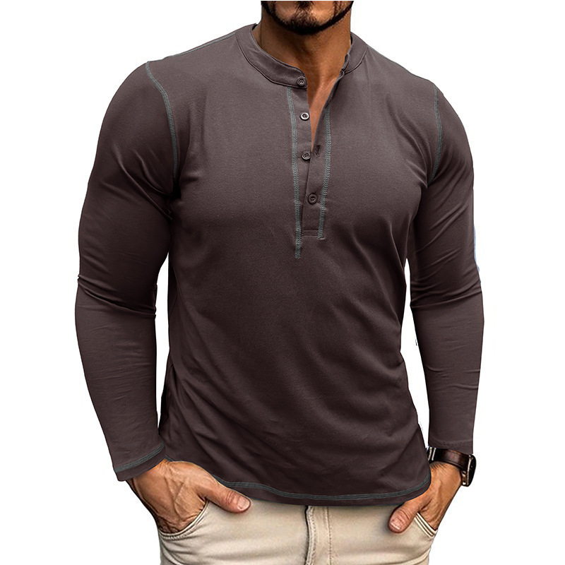 Autumn and winter mens long sleeved Henry shirt mens color blocked round neck T-shirt top