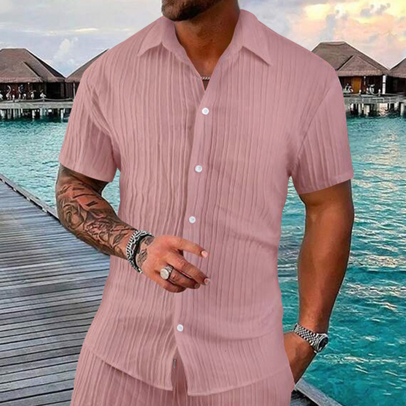 2025 summer collar solid color button men's shirt casual loose short sleeved cardigan beach t-shirt
