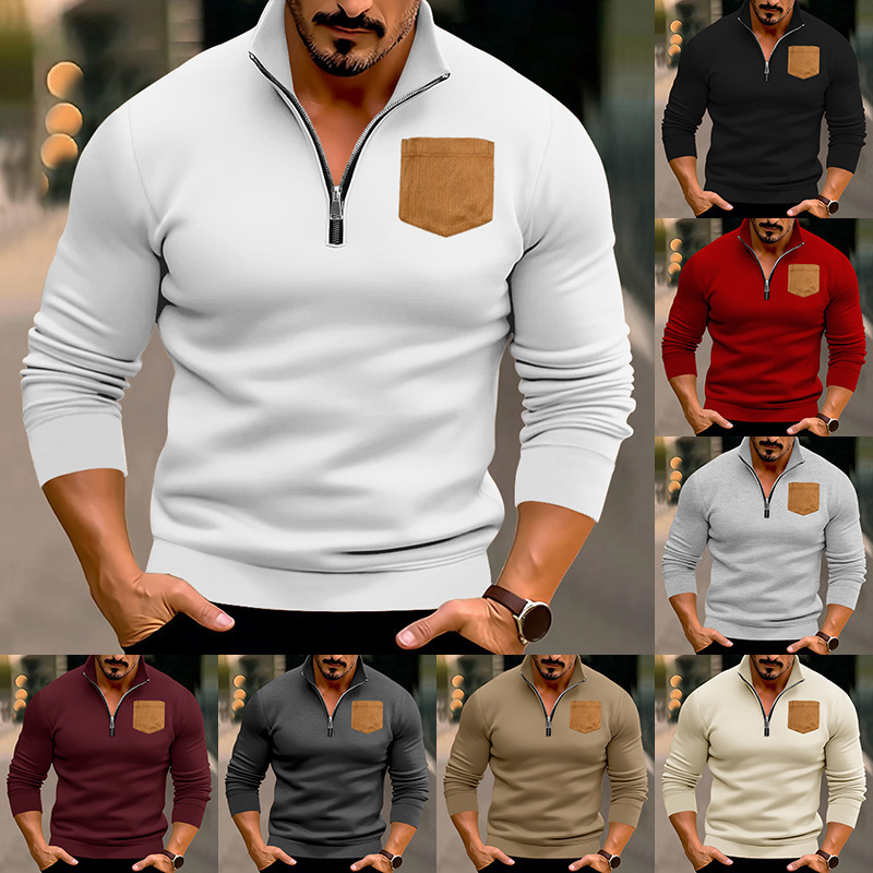 2025 autumn winter new casual men's half zip hoodie with stand up collar, patch pocket and velvet pullover top