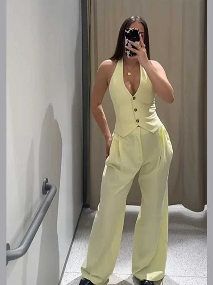 Womens fashionable butter yellow straight pants set sexy off shoulder strapless top set 2025 new summer womens 2-piece setXJ250414