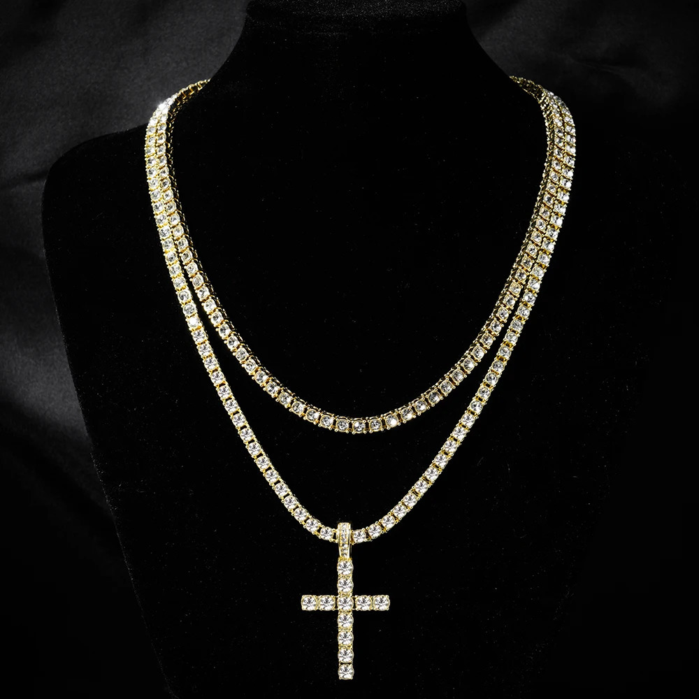 Hip Hop Iced Out Cross Pendant Necklace Strap 4mm Zircon Tennis Chain Men Women Sparkling Necklace Punk Jewelry Fashion Gift 251110