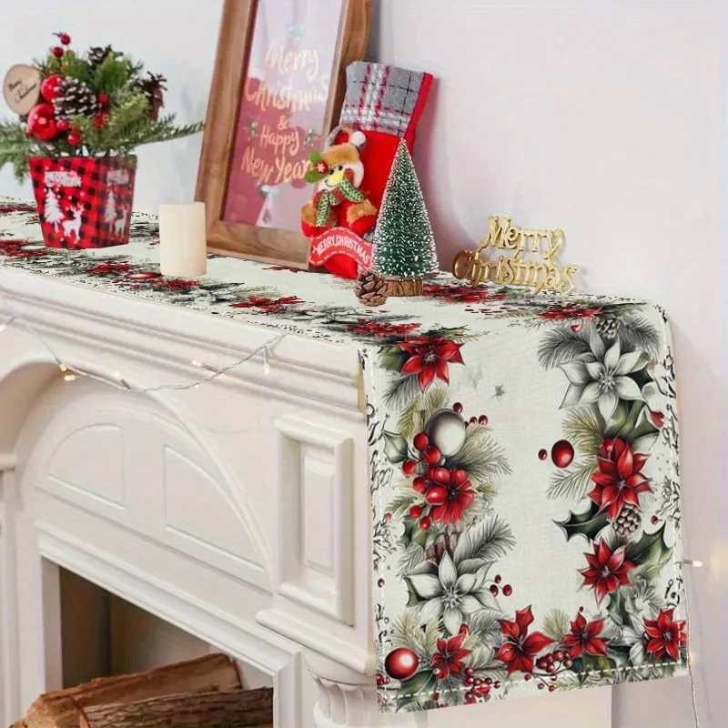 Christmas 1pc Cozy Gingerbread Christmas Table Flag with Red Poinsettia Vase for Family Gatherings and Festive Parties Y251113