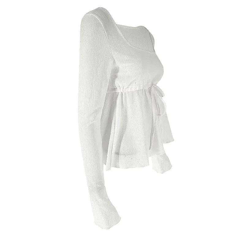 Autumn New Women Streetwear Sexy Sheer Solid Top Fashion Lace-up Long Sleeves Crop O-Neck Casual Slim Versatile T-shirt