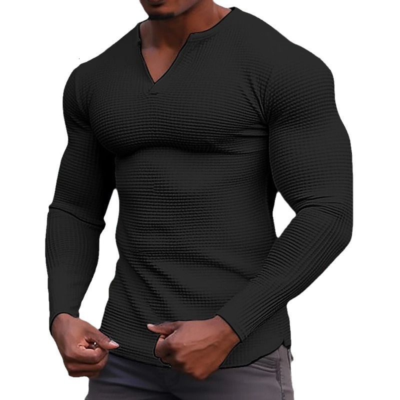 2025 Mens Waffle V-neck T-shirt Top for Vacation Long Sleeve Casual Fashion