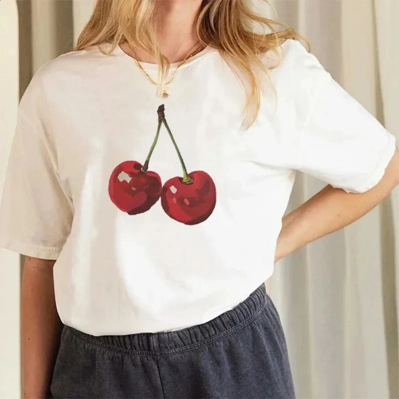 Cherry Fashion Graphic Printed Cotton T-shirt Fruit Harajuku Large Ultra Thin Cherry Womens Summer Breathable Short Sleeve T-shirt 250410