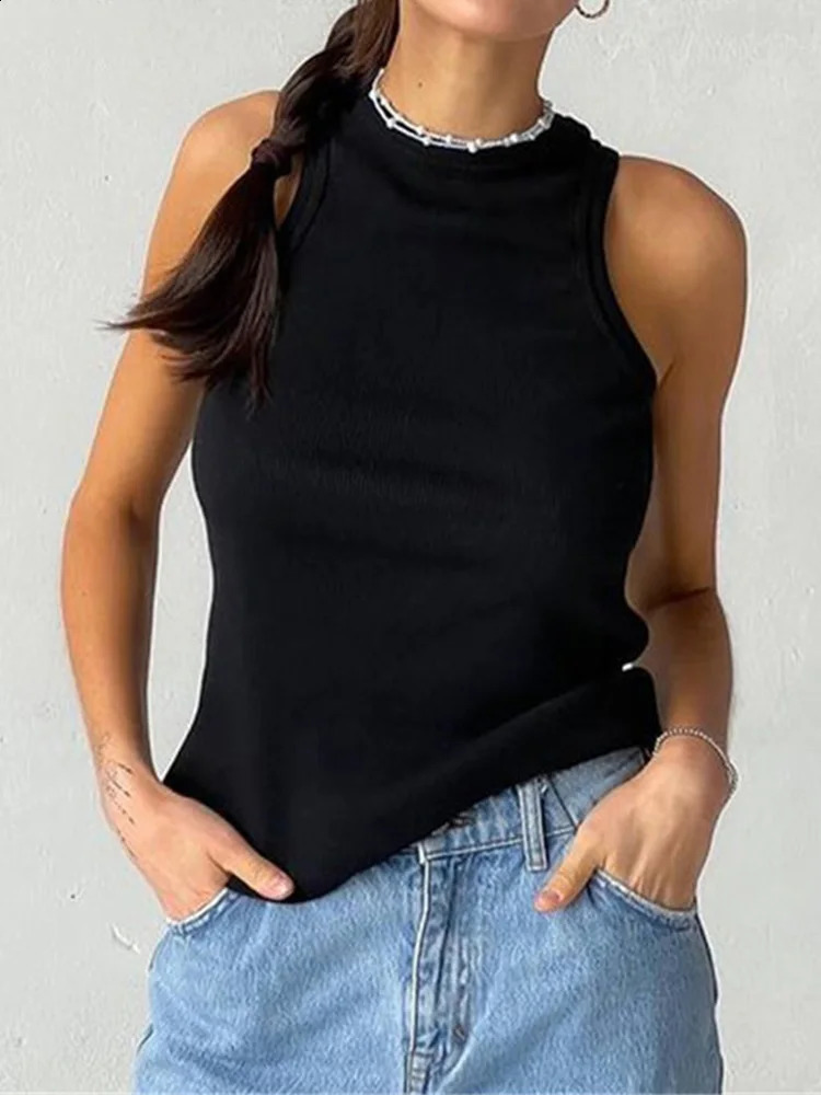Ribbed knit top collar summer basic shirt white black casual sports vest shoulder green womens 250407