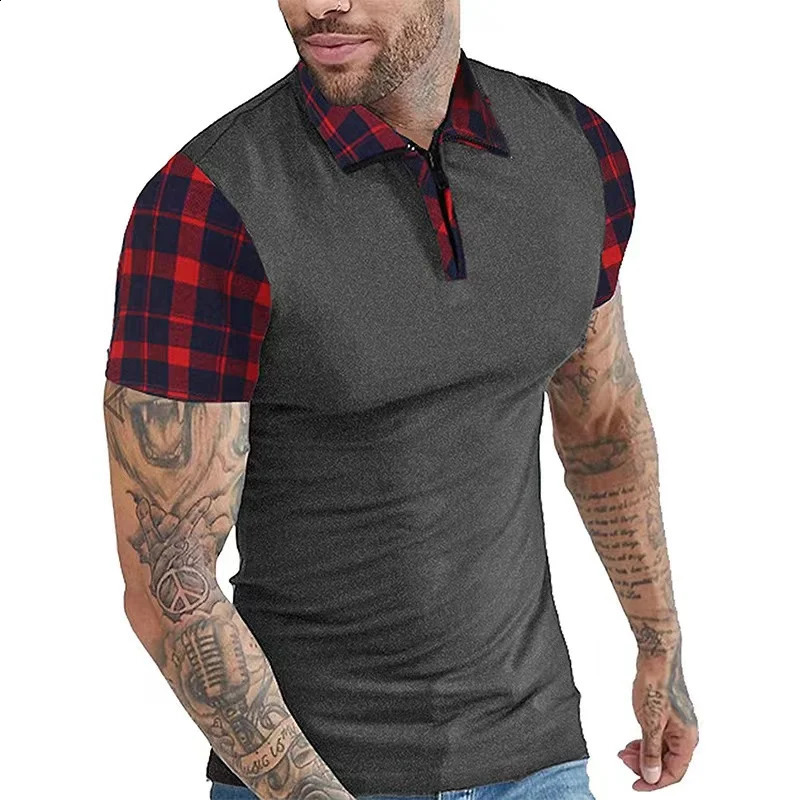 summer oversized mens checkered work short sleeved mens T-shirt casual solid color polo shirt 250409