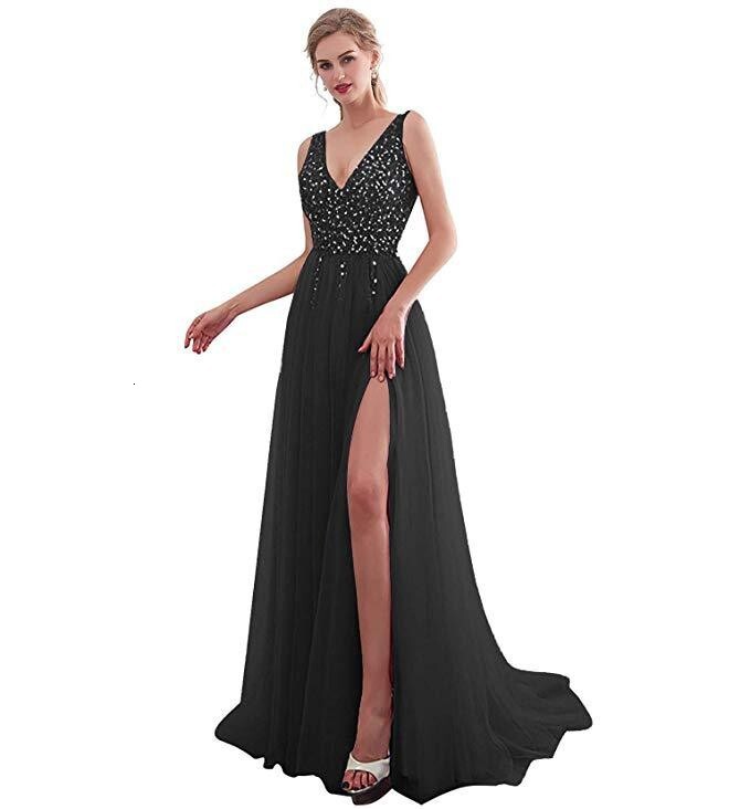 2025 New Womens Dress Deep v Sleeveless Slit Sequin Flowing Banquet Evening Gown