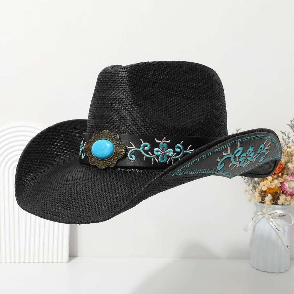 Cowboy Belt Accessories, High-End Embroidery, Large Eave Jazz Western Straw Hat, Woven, Unisex