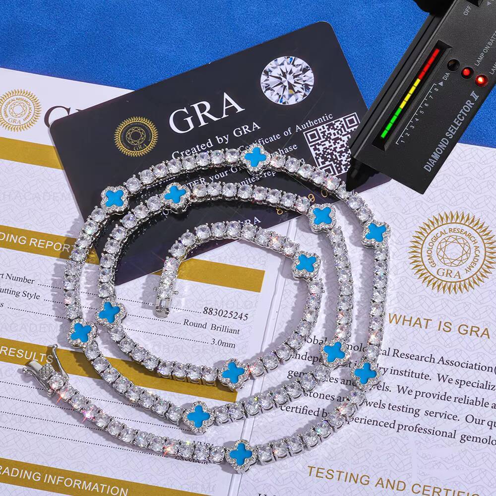 Factory Custom OEM ODM Wholesale Fine Jewelry 4mm 925 Sterling Silver Moissanite Clover Link Chain Necklace Men Hip Hop Necklace