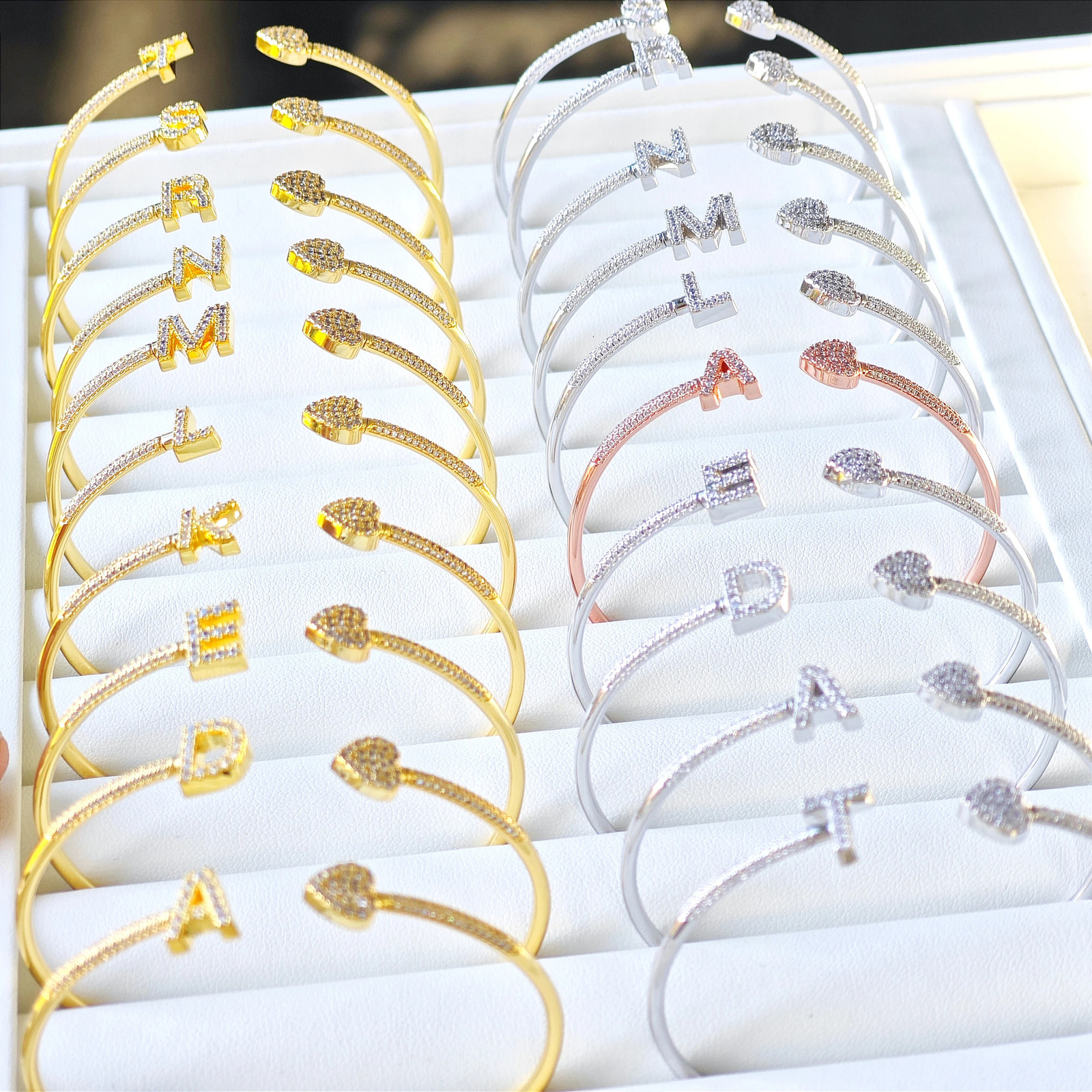 DOREMI Elegant Women Custom Initial Letters Charms Bracelet Full Cz Letters Staggered Bangle 250408